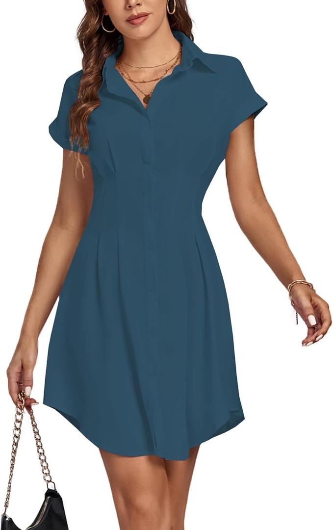 LYANER Women's Pleated Waist Collar V Neck Button Down Short Sleeve Mini Short Shirt Dress (X-Large, Teal Blue)