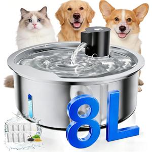 Dog Water Fountain, 8L Stainless Steel Dog Water Fountain for Large Dogs, Dog Water Bowl Dispenser, Super Quiet Pump and Replacement Filters for Cats and Dogs