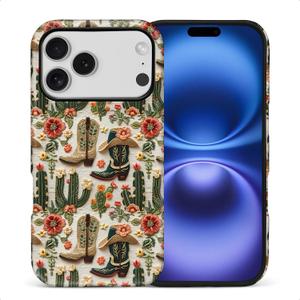 Case for iPhone 17 Pro,Anti Drop Scratch Frosted Protective Cover Case for Women Girl-Western Cactus Cowgirl Boots Floral