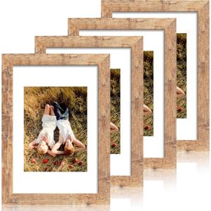 iRahmen 8x12 Picture Frame Set of 4 with High Definition Real Glass, Display 6x8 Pictures with Mat or 8 x 12 Without Mat, Rustic Brown Wood Photo Frames for Tabletop and Wall Mounting