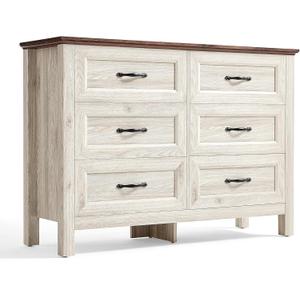 LINSY HOME Dresser for Bedroom with 6 Drawers, Wide Chest of Deep Drawers with Metal Handle, Wooden Bedroom Dresser with Storage Organizer for Closet, Living Room, Hallway, Beige (15.7"D x 47.3"W x 33.4"H (6 Drawers))