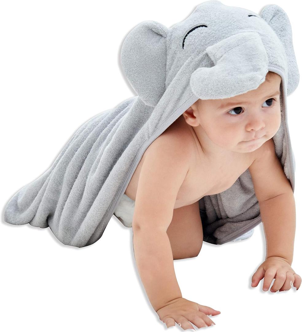 HIPHOP PANDA Hooded Towel - Rayon Made from Bamboo, Bath Towel with Bear Ears for Newborn, Babies, Toddler, Infant - Absorbent Large Baby Towel - Grey Elephant, 30 x 40 Inch