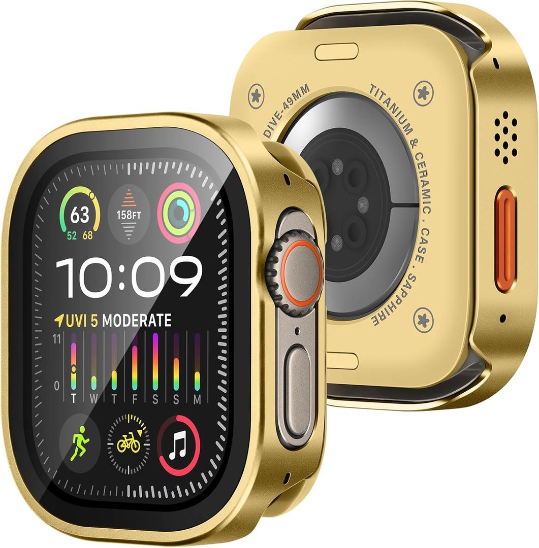 Amizee Metal Case Compatible with Apple Watch Ultra 3/2/1 49mm Case with Built-in Screen Protector, Straight Edge Ultra Thin with Back Cover Protective Cover for iWatch 49mm, Gold