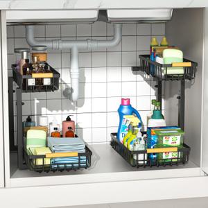 Under Sink Organizers,5 Adjustable HeightMetal Pull Out Storage Shelves with Sliding Drawer for Kitchen, Bathroom, Black, 2 PackHight 13.6-16.9