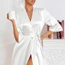 Ekouaer Women's Satin Robes Silk Kimono Bath Robe Short Ruffled Hem Bride Bridesmaid Sleepwear with Pockets (M)