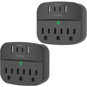 2 Pack Multi Plug Outlet Splitter with USB, Surge Protector Outlet Extender with 3 Wall Outlets 4 USB Wall Charger(2 USB C), 490 Joules, ETL Listed, Small Outlet Adapter Plug Extender for Travel,Black