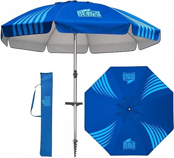 8FT Premium Beach Umbrella with 4-Point Wind Mitigation System - Heavy Duty Fiberglass Ribs, Integrated Anchor - 50+ UPF Double Vent - Pro Stability Series