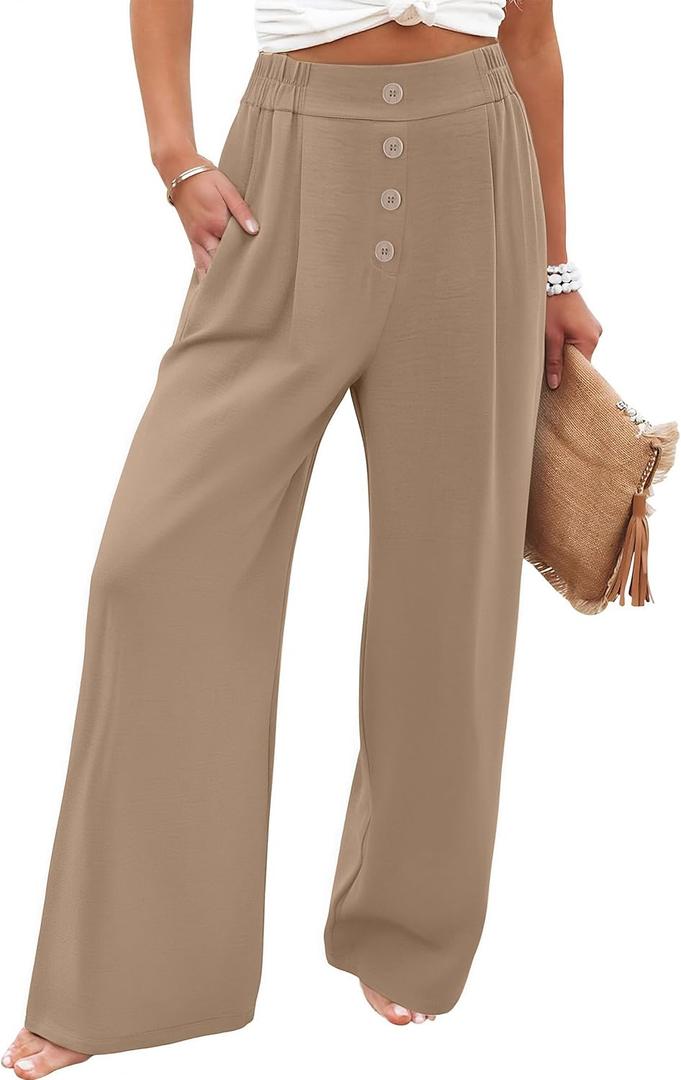 FUNYYZO 2025 Womens Pull On Pants Elastic Waisted Casual Wide Leg Long Lounge Trousers with Pocket Beach Wear Light Khaki (S)