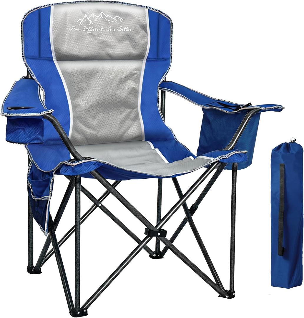 Camping Chairs for Adults Heavy Duty 500lbs Capacity, High Back Folding Chair with Thickened Steel Frame, Padded Portable Outside Chair with Cooler Bag, Cup Holder & Side Pocket, Blue, 1 Pack