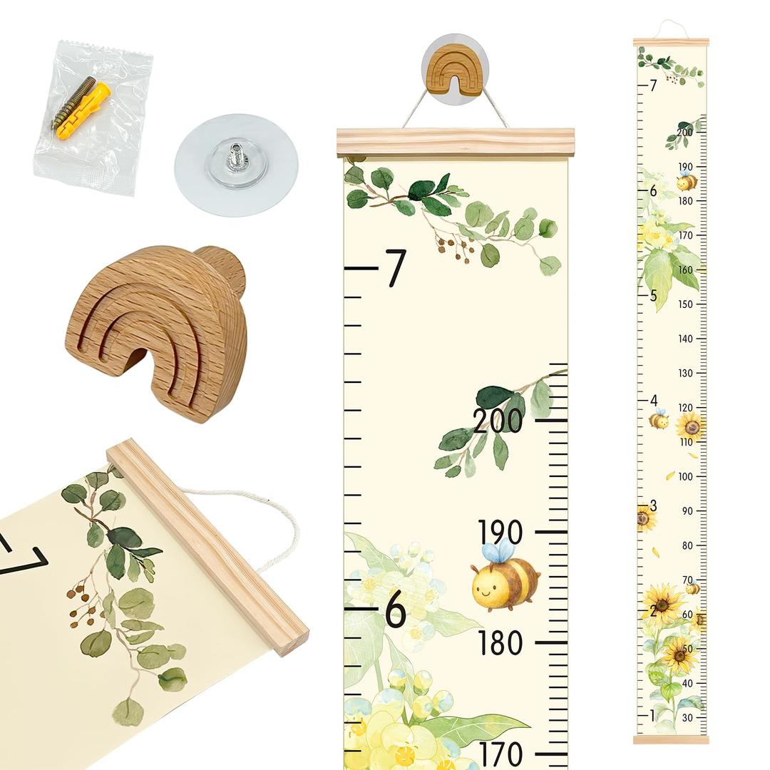 Growth Chart for Wall - 7.9x79 Inch Height Measurement Ruler with Wooden Rainbow Hook, Waterproof Canvas Nursery Decor, Removable Neutral Kids Height Chart for Baby Toddlers