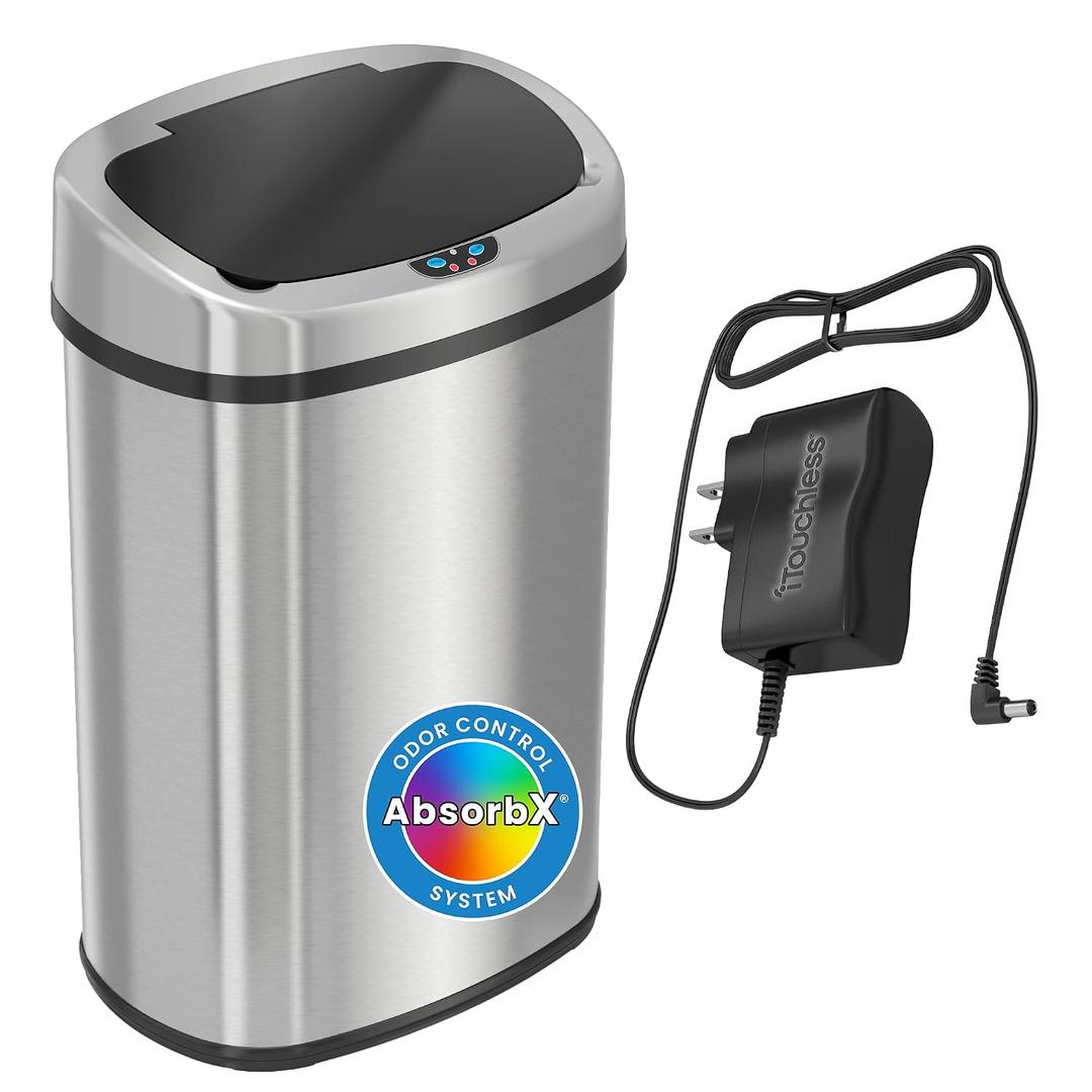 SensorCan 13 Gallon Kitchen Trash Can with Lid and Odor Filter, AC Adapter Included, Motion Sensor Stainless Steel Oval Garbage Bin for Home Office Work Bedroom Living Room Slim Wastebasket