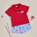 Kayotuas 4th of July Baby Boy Outfit Toddler USA Flag Polo Shirts Gingham Plaid/Stripes Shorts Set Independence Day Clothes (Red)