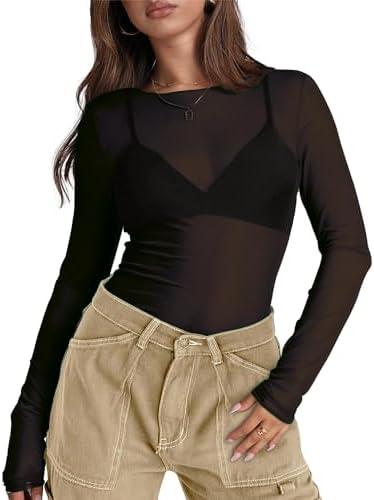 WIHOLL Womens Mesh Sheer Tops Sexy Crew Neck Summer Loose FIt Party Clubwear Shirts Small