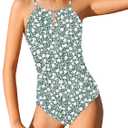 Girls Swimsuit One Piece Girls Bathing Suit Adjustable Straps Solid Modest Ruched Full Coverage Padded Swimwear (11-12 Years, Floral Green)