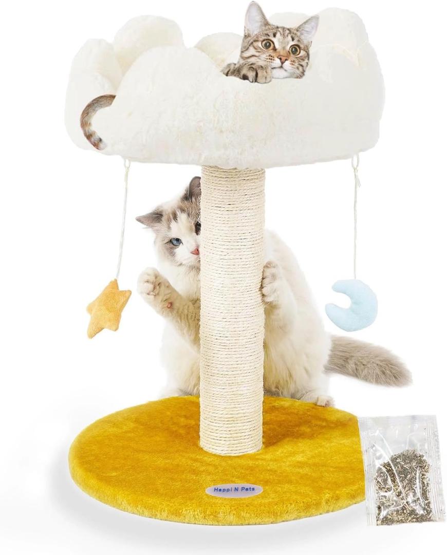 Happi N Pets Cloud Cat Tree, Cat Scratching Post with Bed, Small Cat Tree for Kittens, Cat Scratch Post with Cloud-Shaped Soft Perch & Cute Toys, Removeable Cover, Bonus Catnip