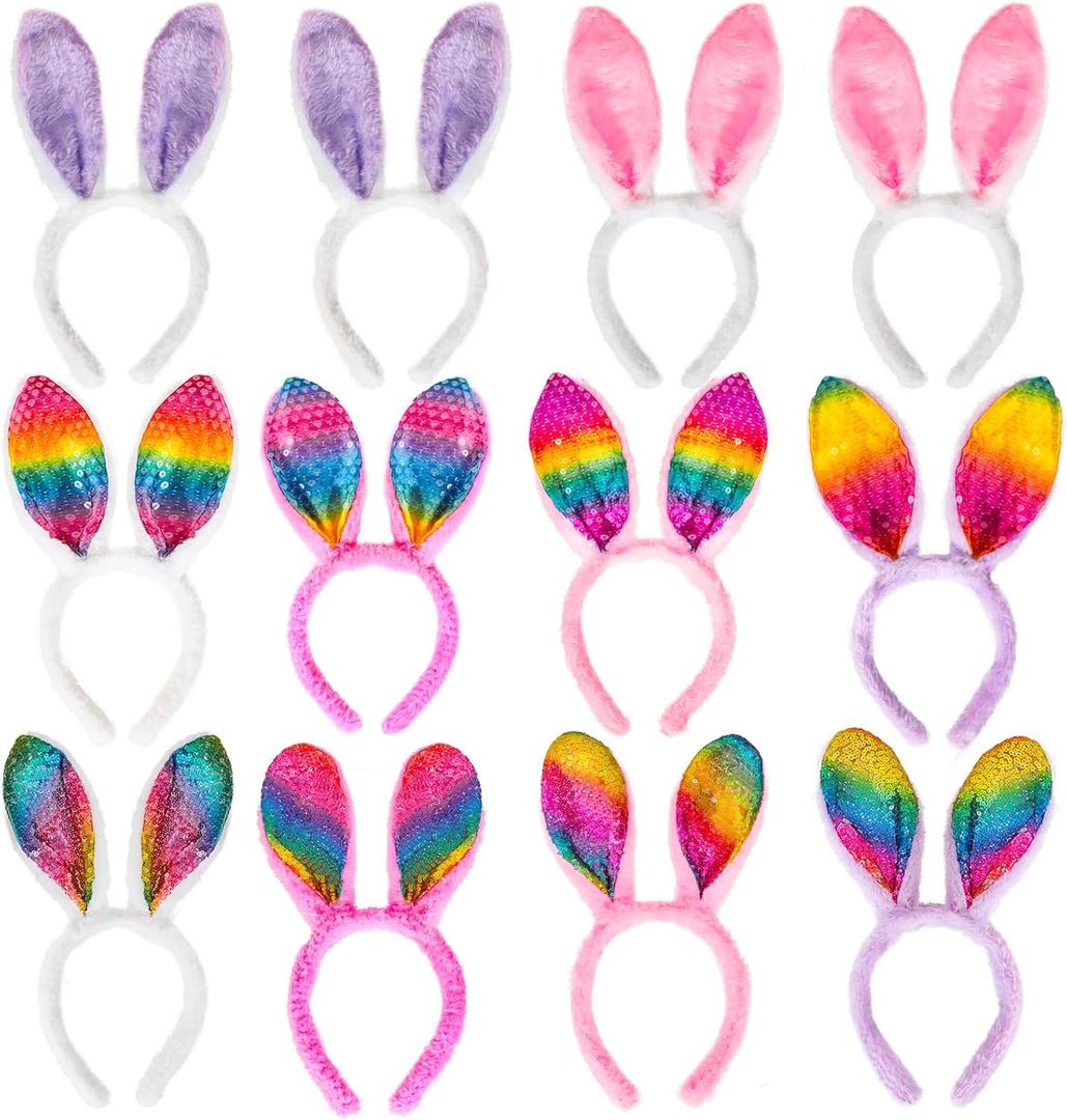 MGparty 12 PCS Easter Bunny Ears Headbands Colorful Rabbit Ear Hairband for Easter Party Decoration for Kids and Adult