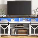 Farmhouse TV Stand for 55 65 75 Inch TVs, Entertainment Center with LED Light, Storage Cabinets, Sliding Barn Doors and Adjustable Shelf, Media TV Console TV Stand Table for Living Room (White)