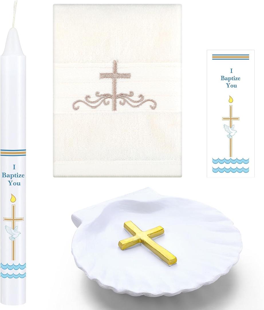 4 Pcs Baptism Candle Set for Boy Girls Included Towel Candle Conch and Sticker Comunin De Nio Bautizo De Nia for Christening Favors