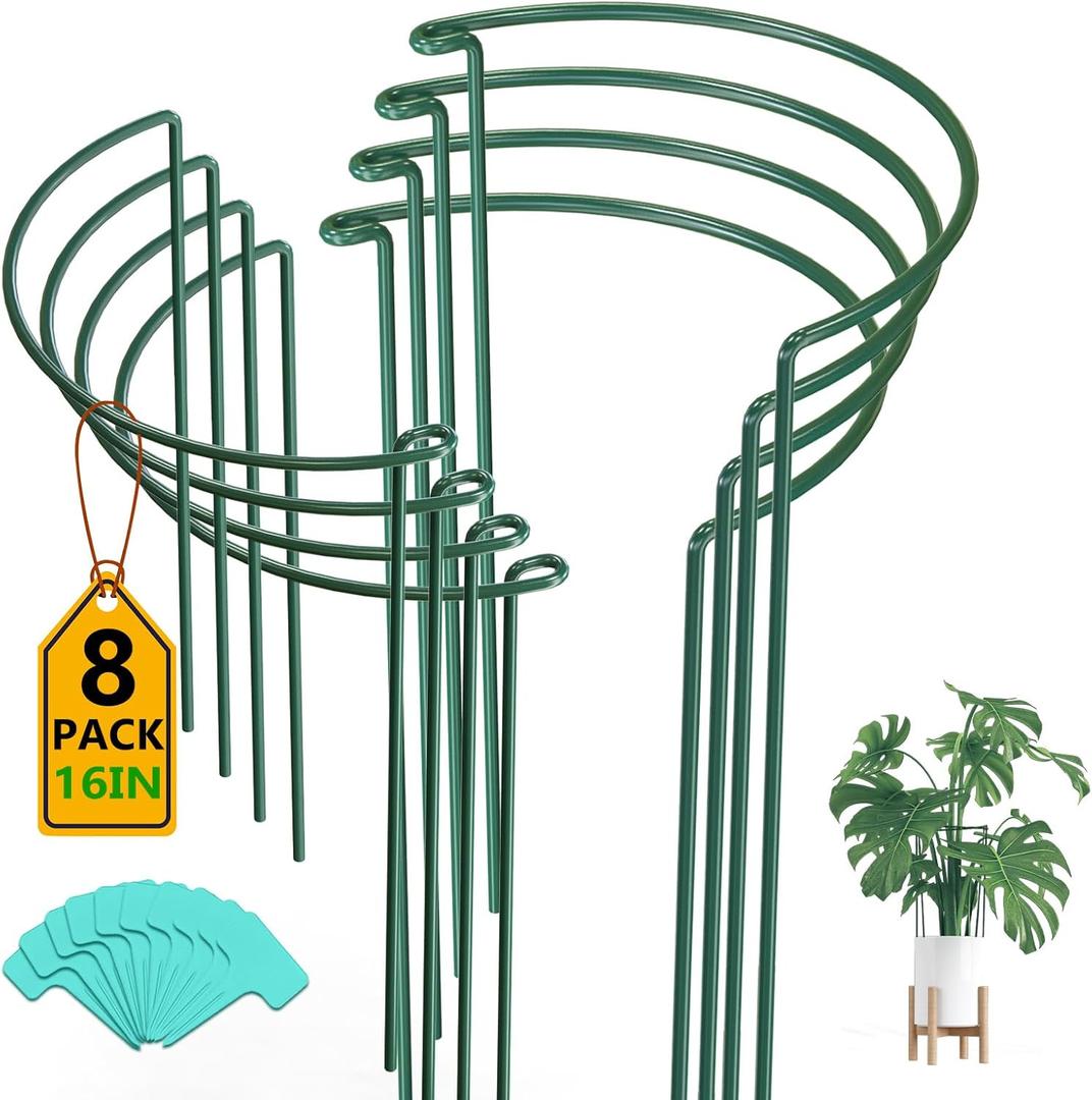 Breeze Touch 8 Pack Plant Support Stakes, 16 Inch Plant Stakes for Outdoor Plants, Peony Cage with 15 Pcs Green Lables, Peony Cages and Supports, Peonies Support Cages Flower Stakes for Plants