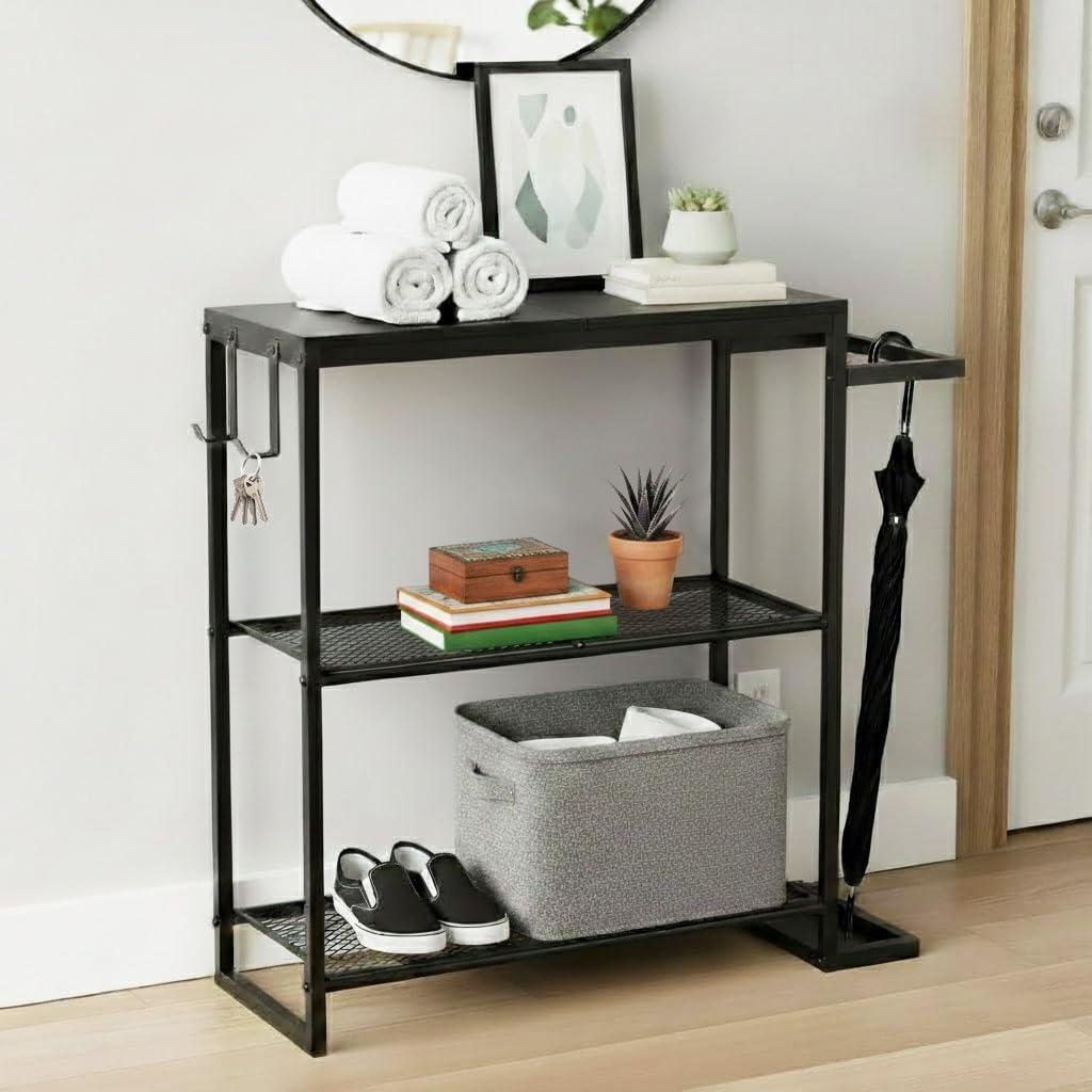 SayBond Creations 31'' Narrow Console Table with Umbrella Holder & Hooks, 3-Tier Small Entryway Table, Entry Table with Storage Shelves for Hallway, Foyer, Corridor, Black