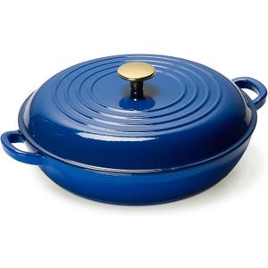 CAROTE 3.4QT Enameled Cast Iron Braiser Pan, Shallow Dutch Oven Casserole Skillets, Non-Toxic Cast Iron Pot with Lid for Grilling, Searing, Baking, Dual Handles, All Stovetop Compatible, Blue