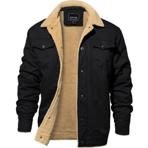 EKLENTSON Men's Winter Jacket Thick Thermal Cotton Warm Fleece Lined Coat Trucker Lapel Work Cargo Jackets for Men (Large, Black)