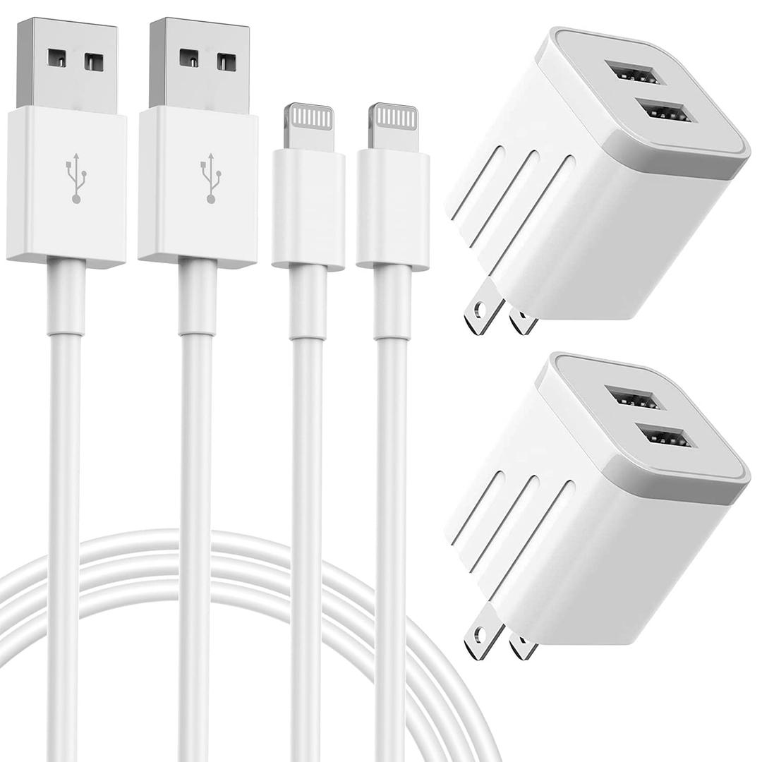 iPhone Charger, 2Pack 2 Port Dual Port USB Cube Wall Charger 2.1A Apple Fast Charging 6FT Nylon Braided Lightning Cable Cord with Plug Compatible with iPhone 14/13/12/11 Pro Max XS XR X 8 7 6S 6 Plus (White)