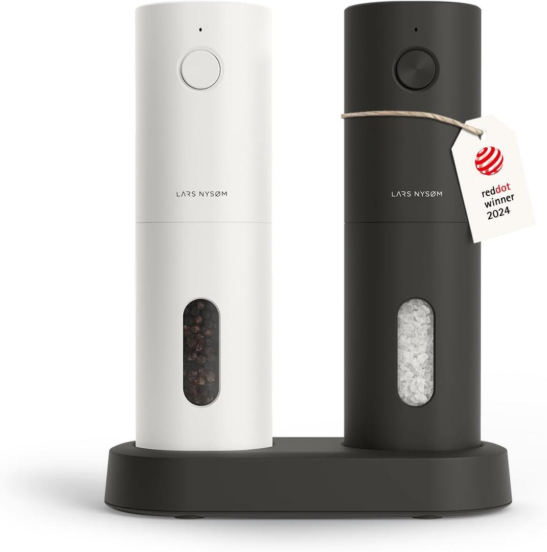 LARS NYSM Electric Salt and Pepper Grinder Set, USB Rechargeable, Automatic Salt and Pepper Mills, Spice Shakers Refillable with LED Light, Adjustable Coarseness, Ceramic Grinder (Black/White)