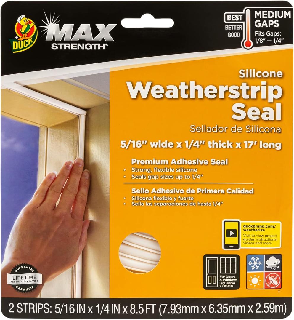 Duck MAX Strength Silicone Weatherstrip Seal, Self-Adhesive Premium Weatherproofing, .3125-Inch x .25-Inch x 17 Feet Long Total, White, 1-Roll, 281209
