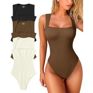 OQQ Women's 3 Piece Bodysuits Sexy Ribbed Strappy Square Neck Sleeveless Tummy Control Tank Tops Bodysuits (Large, Black, Coffee, Beige)