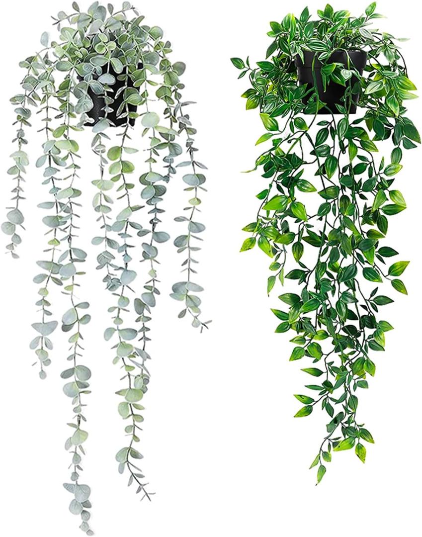 2Pcs Fake Plants Hanging Artificial Decorations, Faux Potted Eucalyptus and Pea Pod Plants for Bathroom Home Office Desk Wall Shelf Bookcase Accessories Decor Indoor