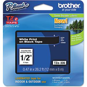 Brother Genuine P-touch TZE-335 Label Tape, 1/2" (0.47") Standard Laminated P-touch Tape, White on black, Laminated for Indoor or Outdoor Use, Water Resistant, 26.2 Feet (8M), Single-Pack