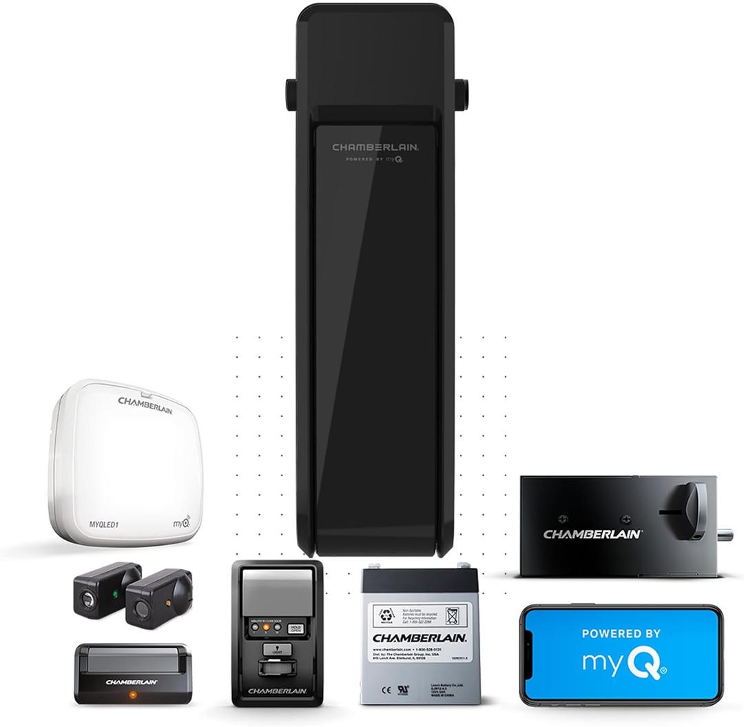 CHAMBERLAIN RJO101MC - Abridor de puerta de garaje ultra silencioso montado en la pared con batera de respaldo e iluminacin LED, 36 libras, color negro