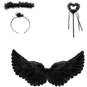 Black Angel Wings and Halo with Magic Wand for Dark Angel Costume, 23.6'' x 13.7'' Real Feather Wings for Fallen Angel, Gothic Cosplay, Party, Halloween Costume Decor for Men, Women