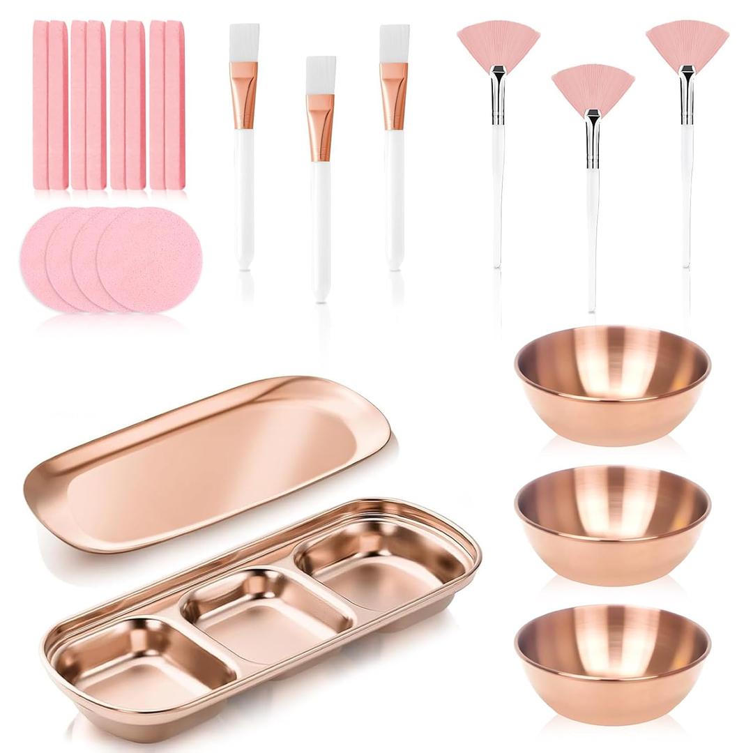 23 Pcs Rose Gold Esthetician Supplies 3 Stainless Steel Facial Mask Mixing Bowls 3 Facial Fan Brushes 3 Flat Brushs Skincare Tray 3-Compartment Serving Tray 12 Compressed Facial Sponges for Skin Care