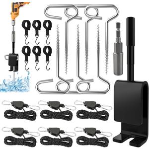 Housolution Ice Anchor Tool Kit, 20Pcs Universal Ice Fishing Shelter Tools with 1/4" Adapter Head Anchor Drill Adapter, Tent Stakes, 13FT Ratchet Ropes, Tent Hooks, Setting Up Icing Shelters Tents