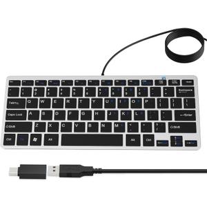 Ultra-Slim 78keys USB Mini Wired Keyboard with Media Hotkeys for Apple Mac Pro, MacBook 56Pro/ iMac, Air, Mac mini, Laptop Computers, Windows PC 11/10/8/7, with USB-A to C OTG Adapter, Silver Black