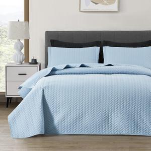 Maple&Stone Quilt Set Queen Size, Lightweight Light Blue Bedspread Ultrasonic Chevron Pattern Light Coverlet for All Season Comforter Bedding Decor - 3 Piece Full Bed Cover Sets (Full/Queen (90'' x 96''))