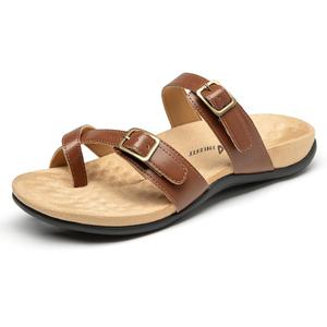 Athlefit Orthopedic Sandals for Women with Arch Support Adjustable Comfort Walking Orthotic Flip Flops, 7, Tan