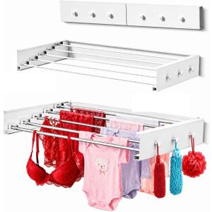 Wall Mounted Clothes Drying Rack - 31.5" Foldable Clothes Drying Rack Wall Mount, 5 Steel Rods With Knobs, Retractable Space-Saving Laundry Rack, Heavy Duty 60 lbs Capacity (Wall Template Included)