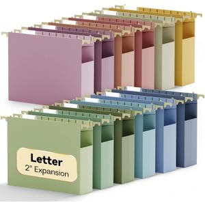 Letter Size Hanging File Folders Extra Capacity,2" Expandable Plastic Hanging File Organizer for Filing Cabinet Office Home,12 Pack Sturdy Pastel Heavy Duty Hang Folder with Tabs,for File Box