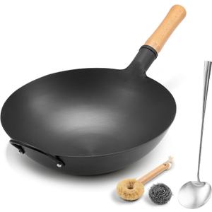 WANGYUANJI 14.2 Inch Round Bottom Carbon Steel Wok, Nitrided Iron Chinese Stir Fry Pan for Gas Wok Burner, Wok Ring Needed for Flat Gas Grates, Wooden Handle