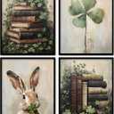 KDHTY Vintage Easter Bunny Decor Rabbit Wall Art,Moody Botanical Easter Dark Academic Book Wall Decor,Rustic Green Plant Farmhouse Prints for Reading Room Living Room Library Classroom Decorations