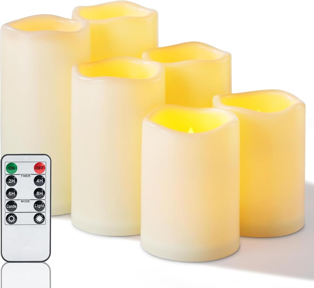 Homemory Waterproof Flameless Candles, Outdoor Indoor Battery Operated LED Pillar Candles with Remote Control and Timer, Plastic, Long Lasting, D3 x H4 4" 5" 5" 6" 6", Set of 6