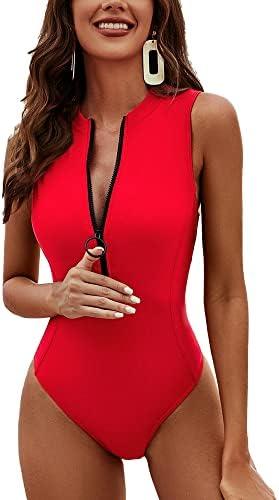 Charmo One Piece Swimsuit Women Zipper Bathing Suit Mock High Neck Full Coverage Racerback Rash Guard Swimwear 80s 90s Size S