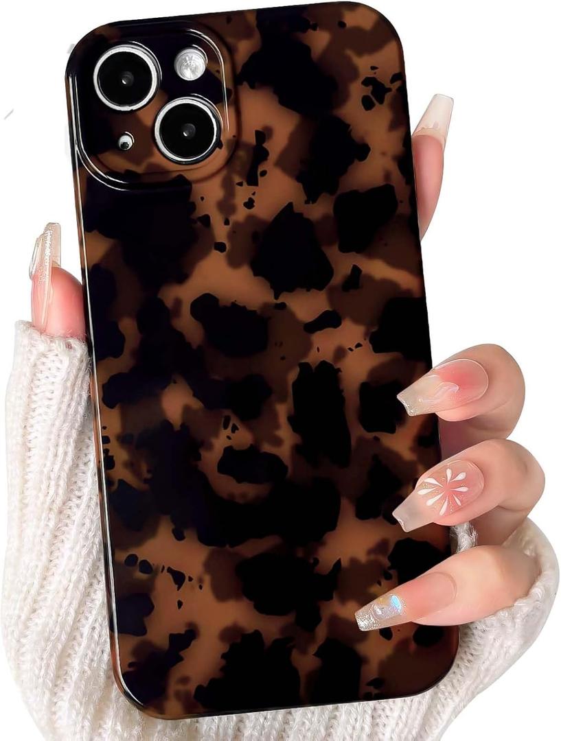 NITITOP Compatible for iPhone 14 Plus / 15 Plus Case Cute Stylish Leopard Print Brown Amber Aesthetic Design for Women Girls Men Soft TPU Shockproof Protective Cover - Black