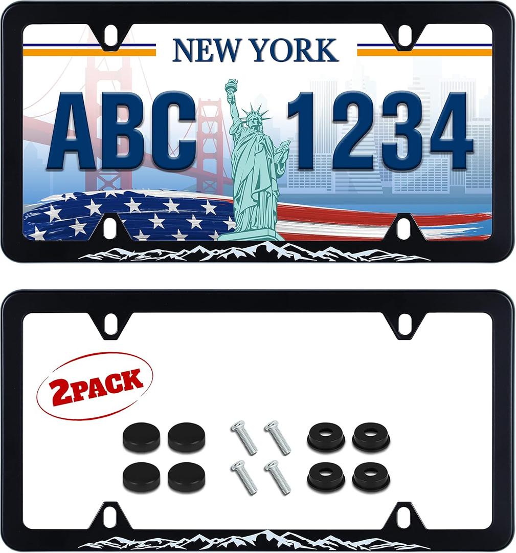 2pcs Mountains License Plate Frame Funny Black White Mountain License Plate Holder Stainless Steel Auto Parts Personalise Decoration Fits U.S. Canadian Standard 4 Hole for Men Women
