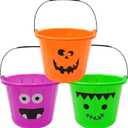 Zcaukya 3 Pack Halloween Buckets, Halloween Plastic Candy Pails, Portable Plastic Candy Trick or Treat Basket for Halloween Party Supplies, Orange Purple Green