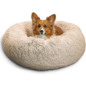 Best Friends by Sheri The Original Calming Donut Dog Bed for Medium Dogs up to 45 lbs, Shag Faux Fur, Taupe, Medium, 30"x30"