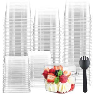 Tanlade 100 Sets 8 oz Clear Dessert Cups with Lids and Sporks Square Plastic Cups Disposable Parfait for Appetizer Mousse Fruit Oatmeal Party Serving